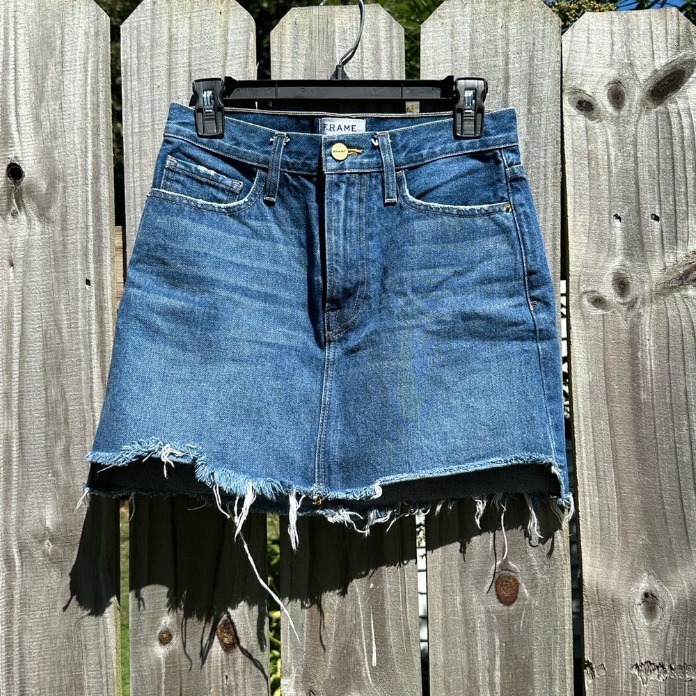 Frame Blue Denim Skirt with Frayed Hem